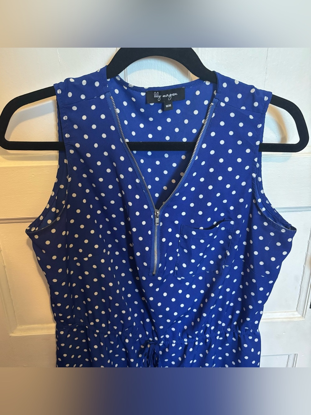 LILY MORGAN Blue Dress with White polkadot Print Size M Zipper Neckline with Tie